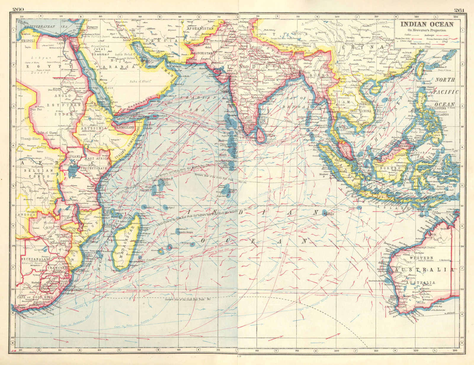 INDIAN OCEAN. British colonies/Empire. Winds currents Steamship routes 1920 map