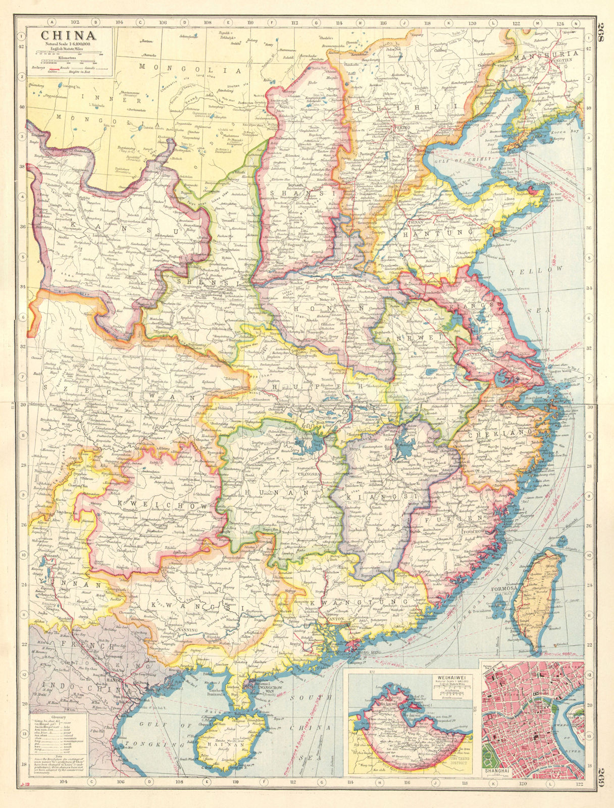 CHINA. Provinces railways.Inset Weihaiwei.Shanghai plan.Formosa Taiwan 1920 map