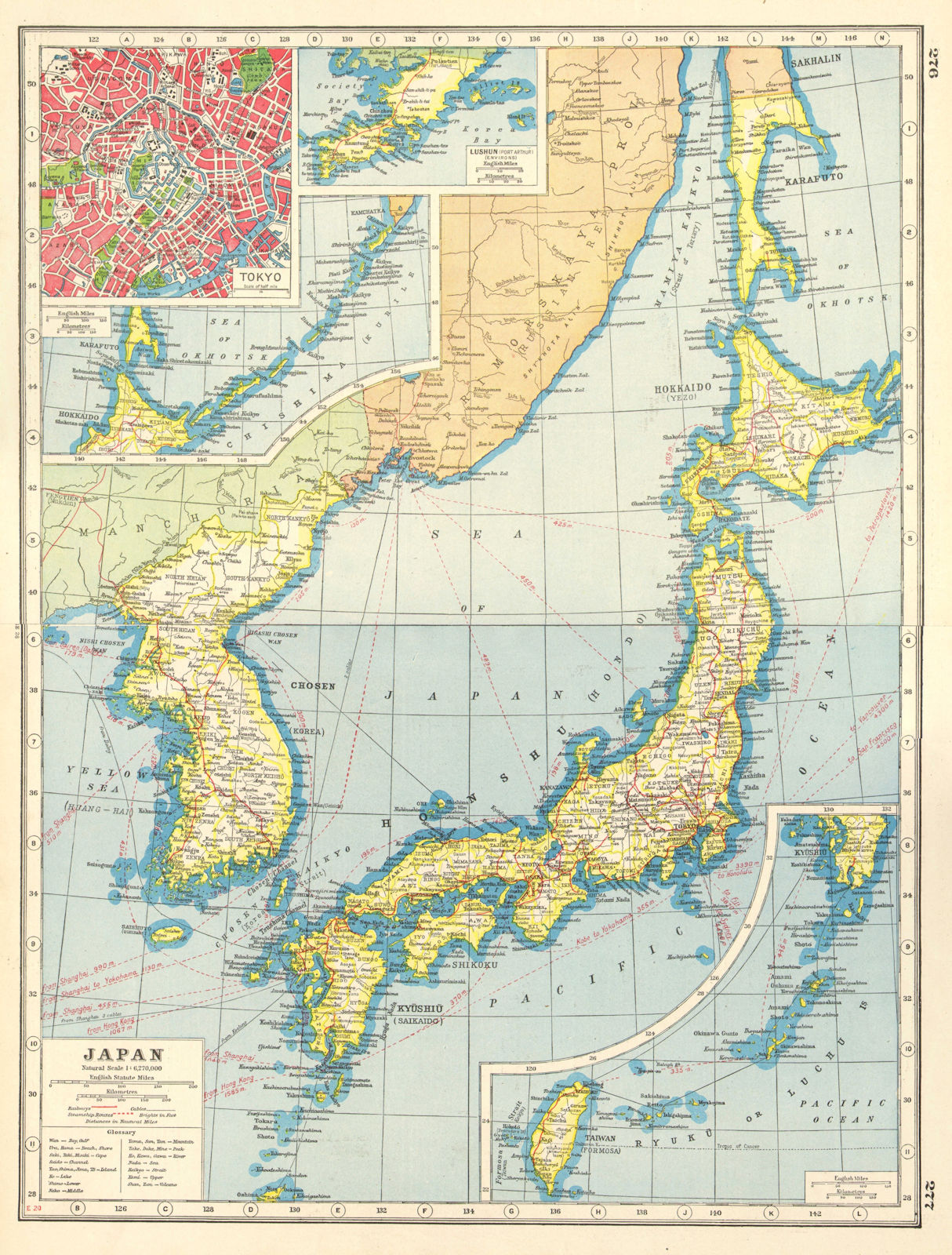 JAPAN KOREA TAIWAN. Railways steamship routes. Chosen. Tokyo plan 1920 old map