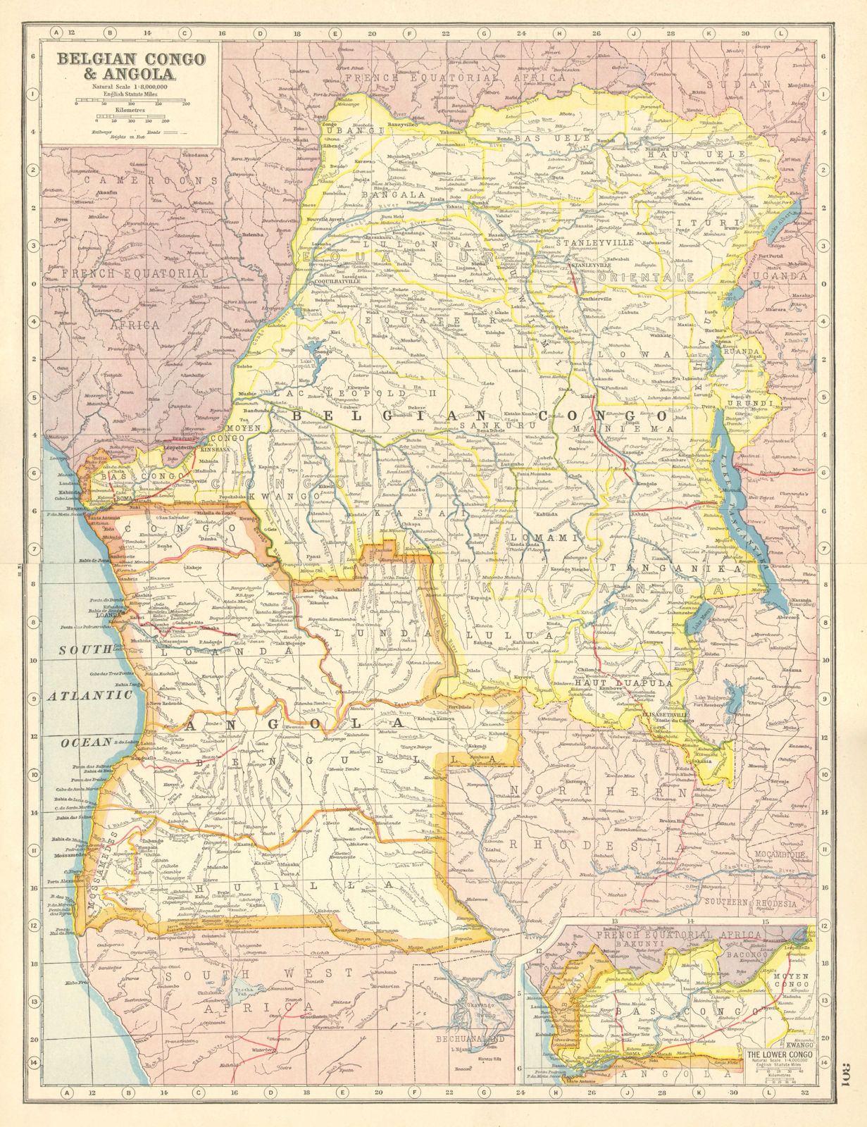 BELGIAN CONGO/ANGOLA. South West Africa Railways Provinces. HARMSWORTH 1920 map
