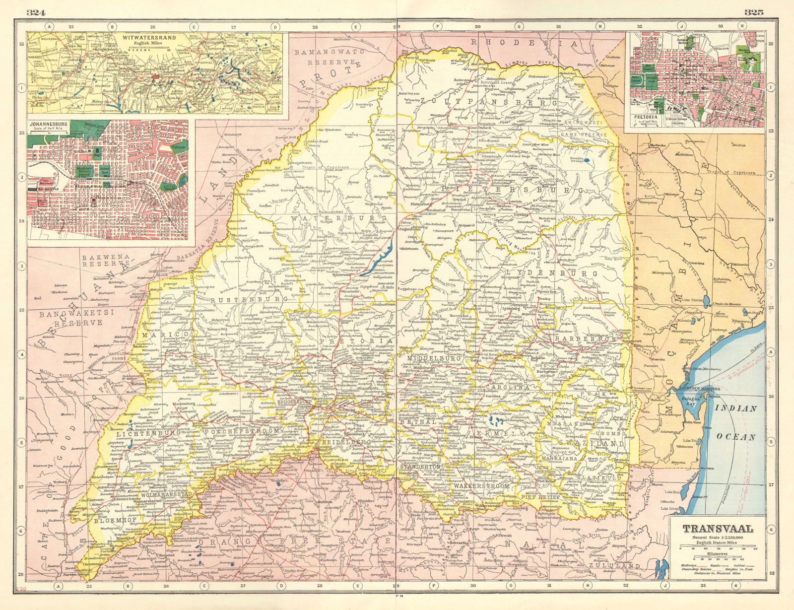 Associate Product TRANSVAAL. South Africa. Inset Witwatersrand, Johannesburg & Pretoria  1920 map