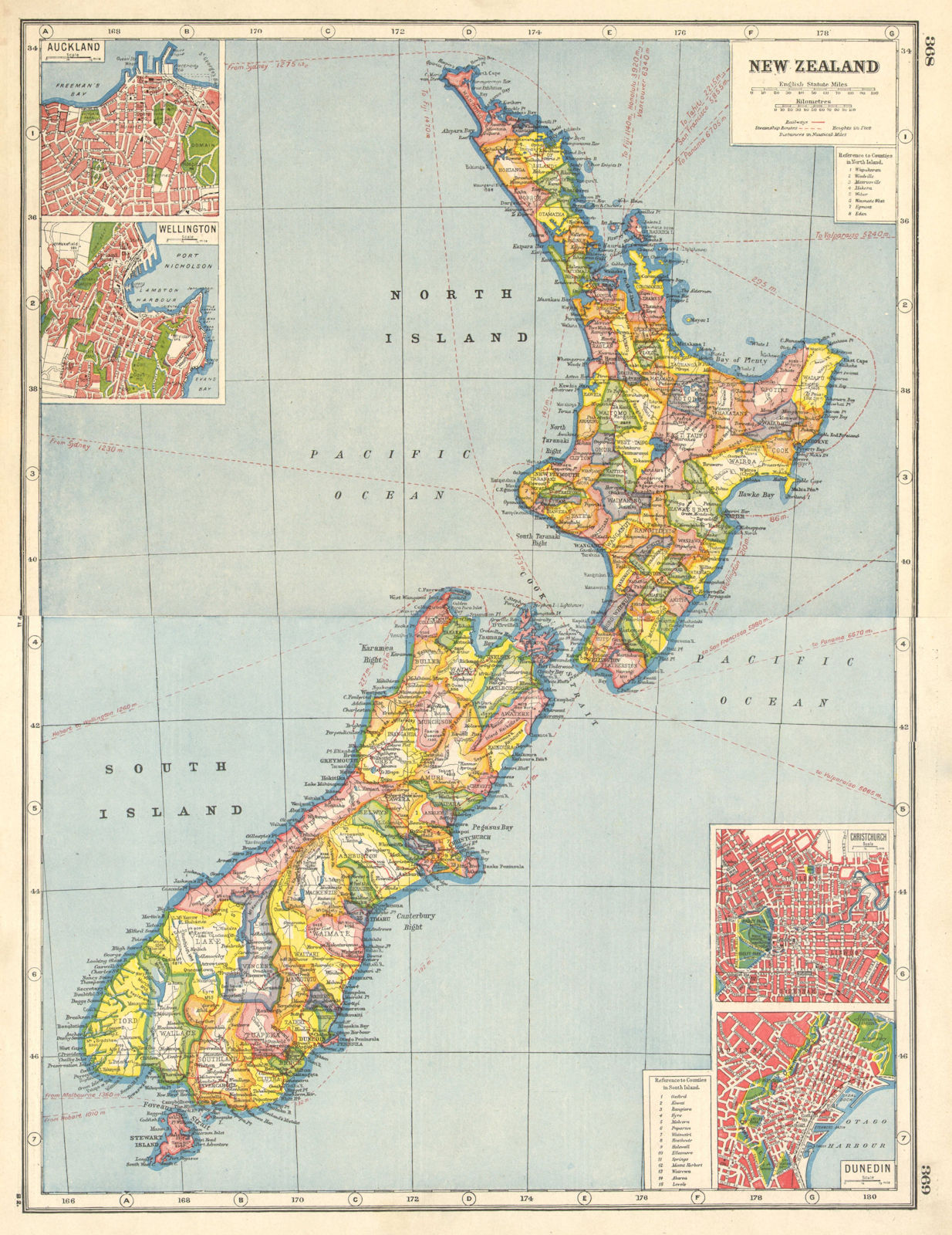 NEW ZEALAND. Counties. Auckland Wellington Christchurch Dunedin plans 1920 map