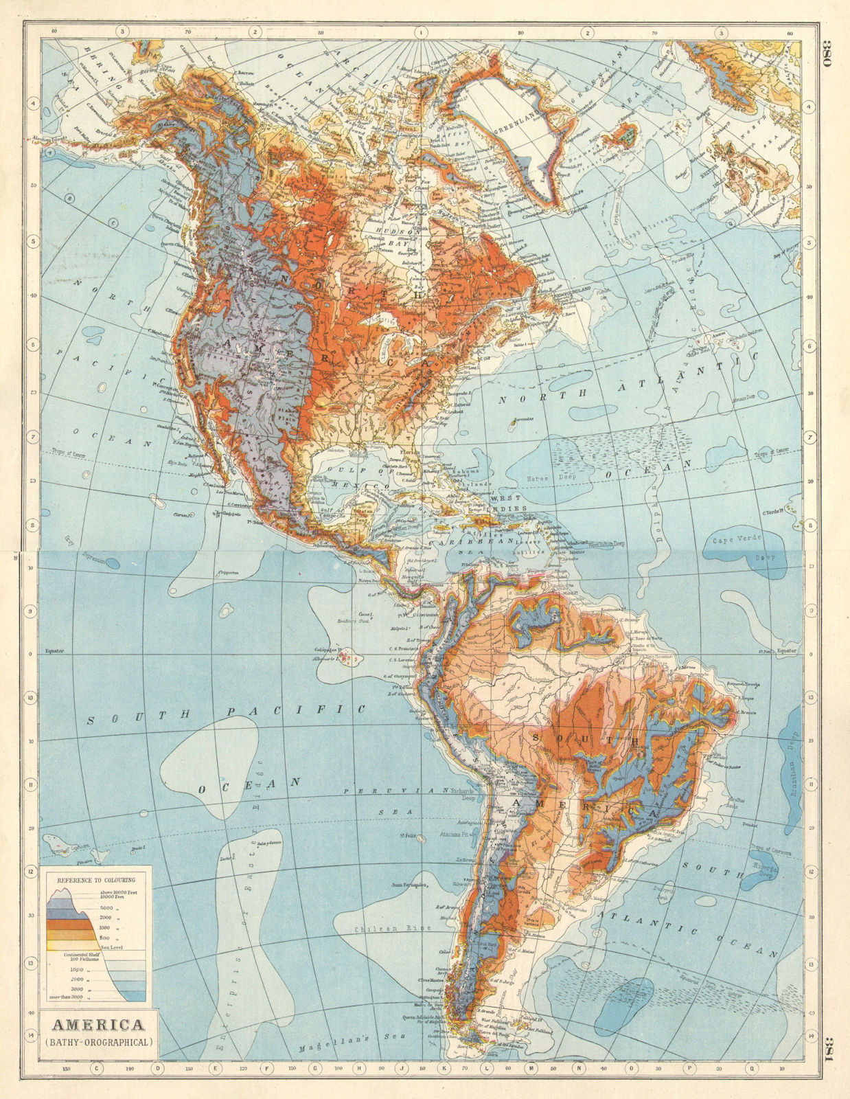 AMERICAS RELIEF. Bathy-Orographical. North South America. HARMSWORTH 1920 map