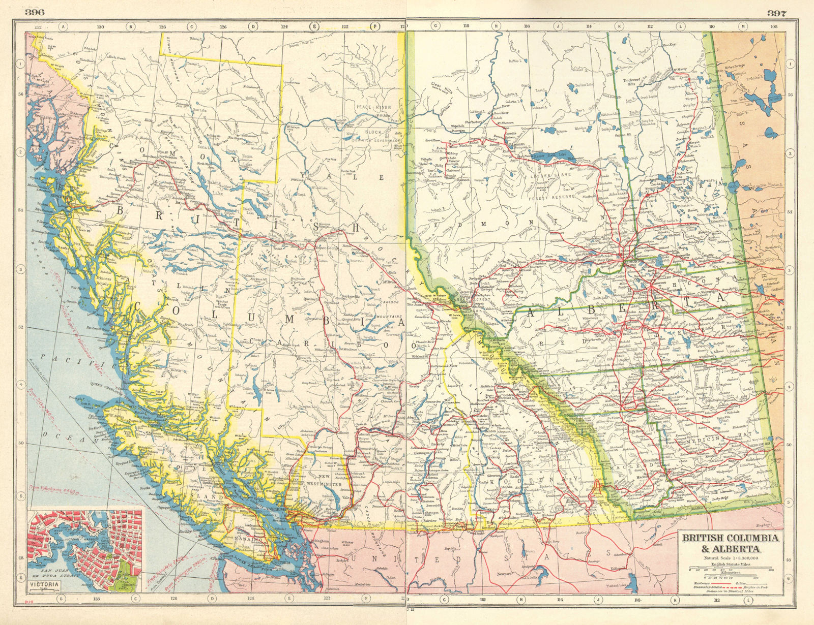CANADA WEST. British Columbia & Alberta. Victoria plan. Railways 1920 old map
