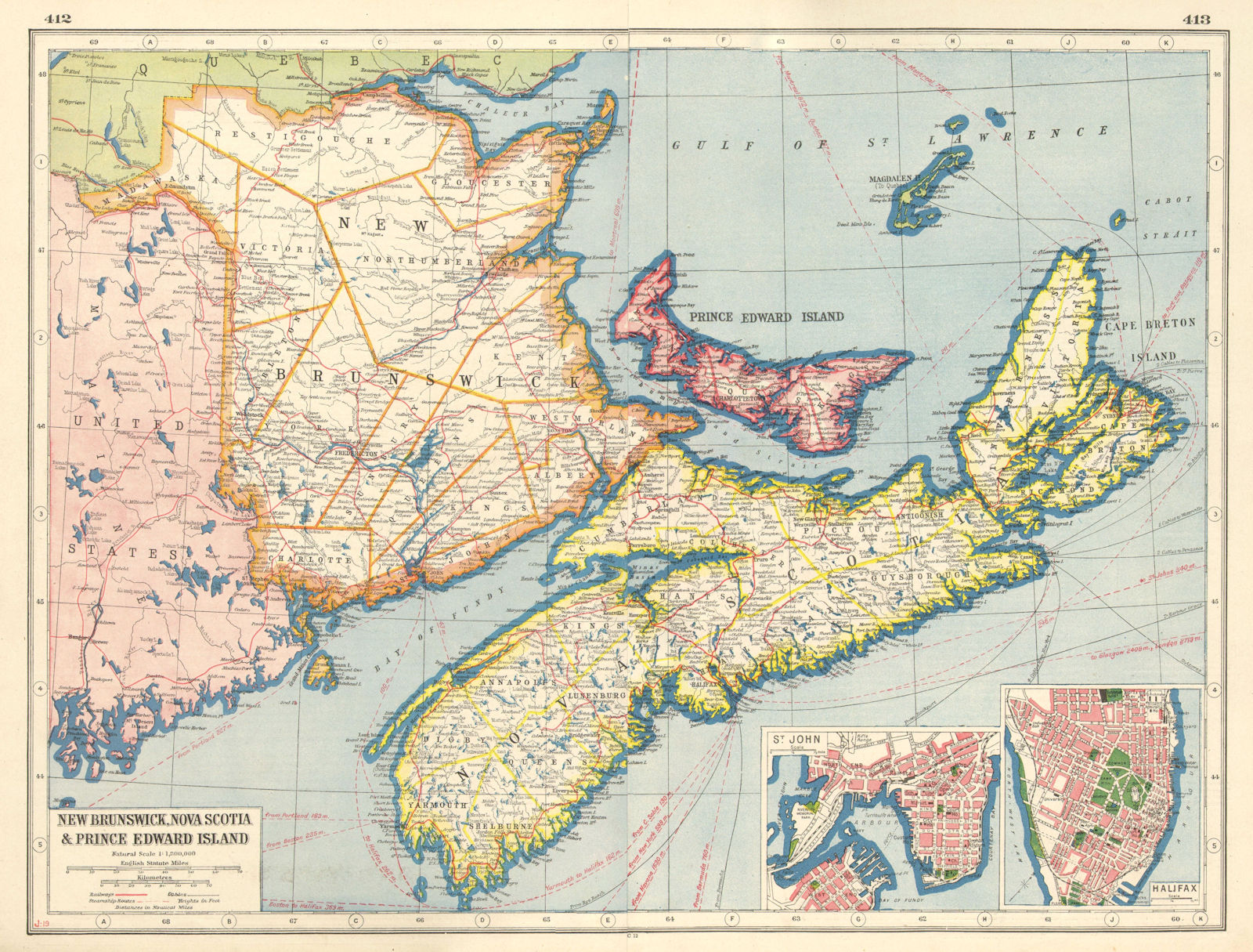 CANADA MARITIME PROVINCES.New Brunswick Nova Scotia PE.St John Halifax 1920 map