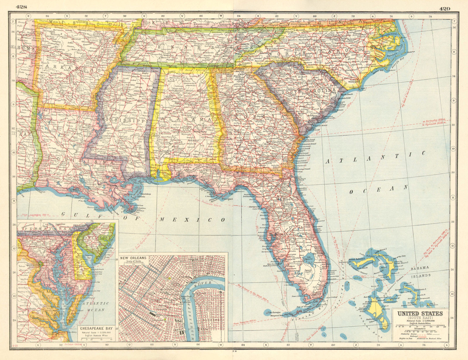 USA DEEP SOUTH. LA AR MS AL TN FL GE SC NC. New Orleans. United States 1920 map