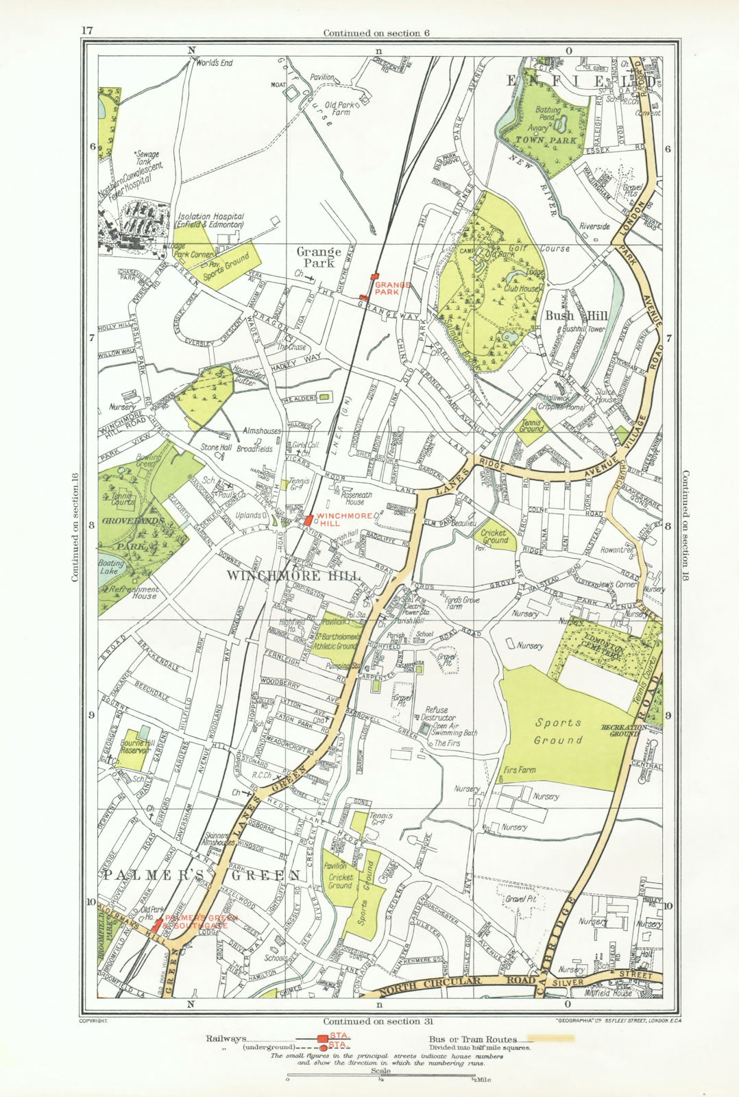 SOUTHGATE. Winchmore Hill Grange Park Palmers Green Bush Hill 1933 old map