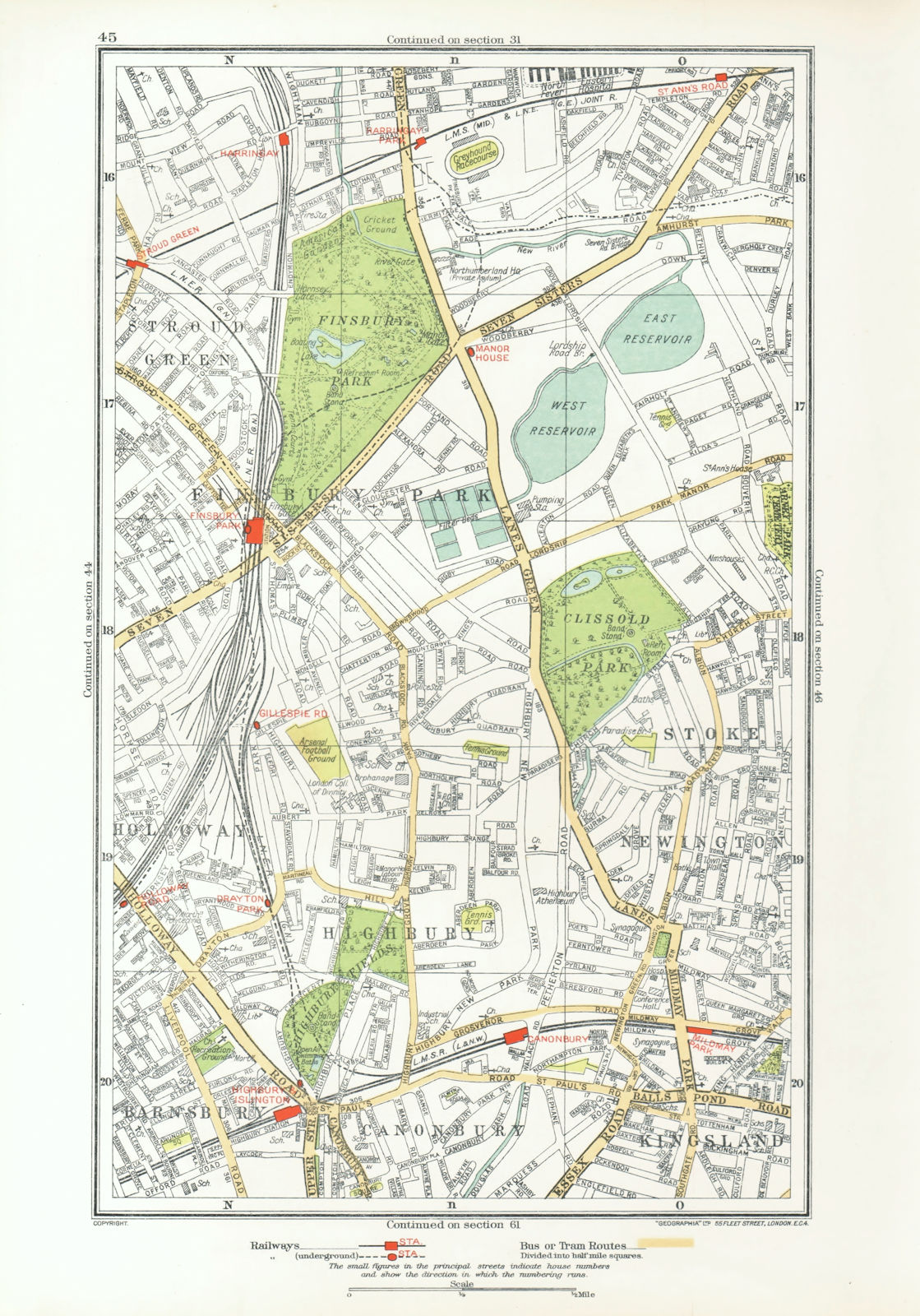 FINSBURY PARK. Barnsbury Stoke Newington Canonbury Holloway Highbury 1933 map