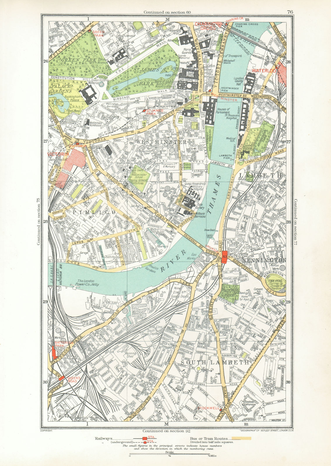 LONDON. Lambeth Westminster Victoria Oval Waterloo Charing Cross 1933 old map