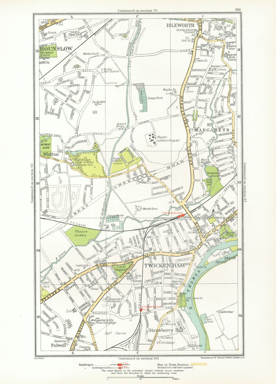 TWICKENHAM. Isleworth Hounslow Strawberry Hill Fulwell; Middlesex 1933 old map