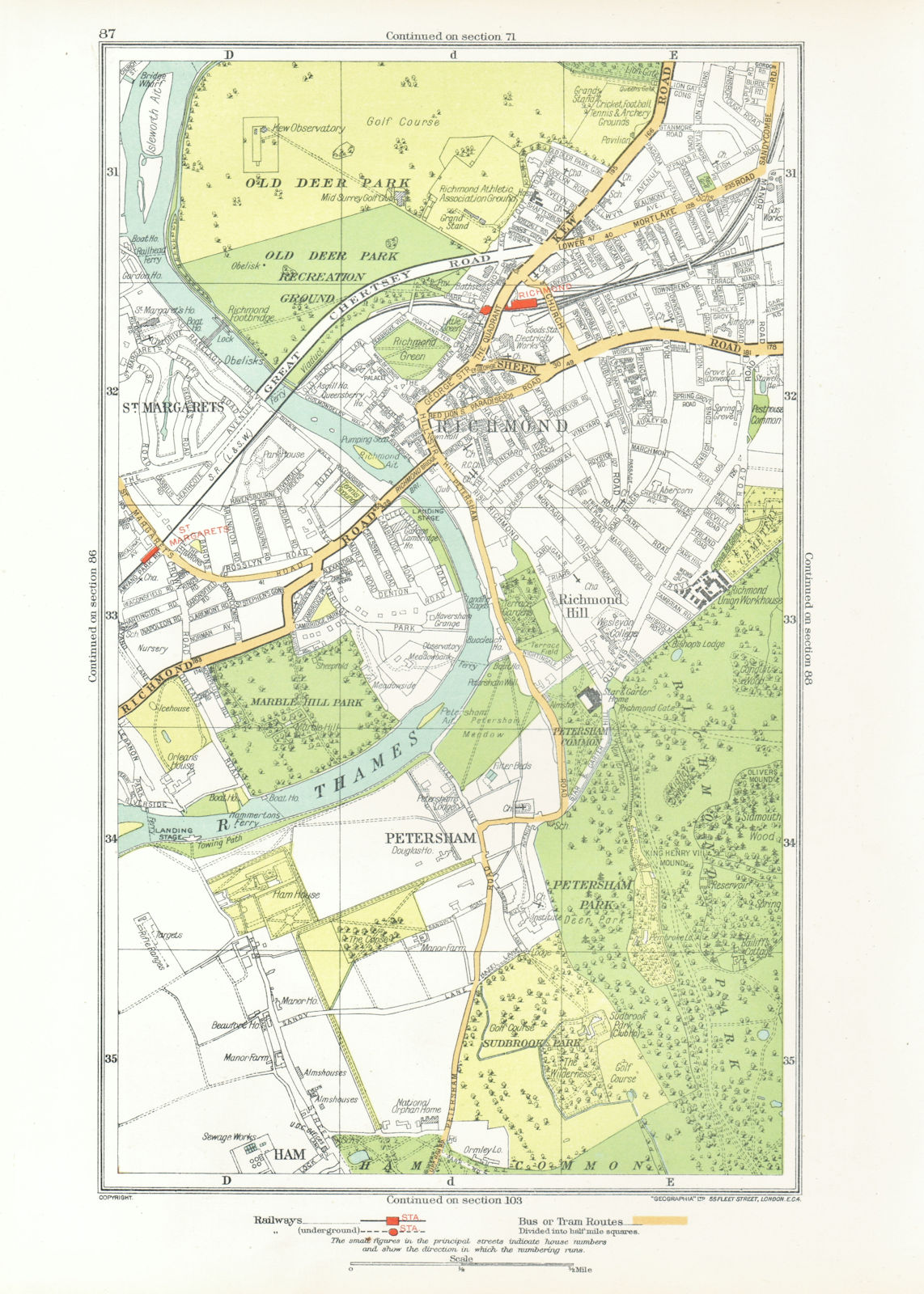 LONDON. Ham Petersham Richmond Richmond Hill St Margaret's 1933 old map