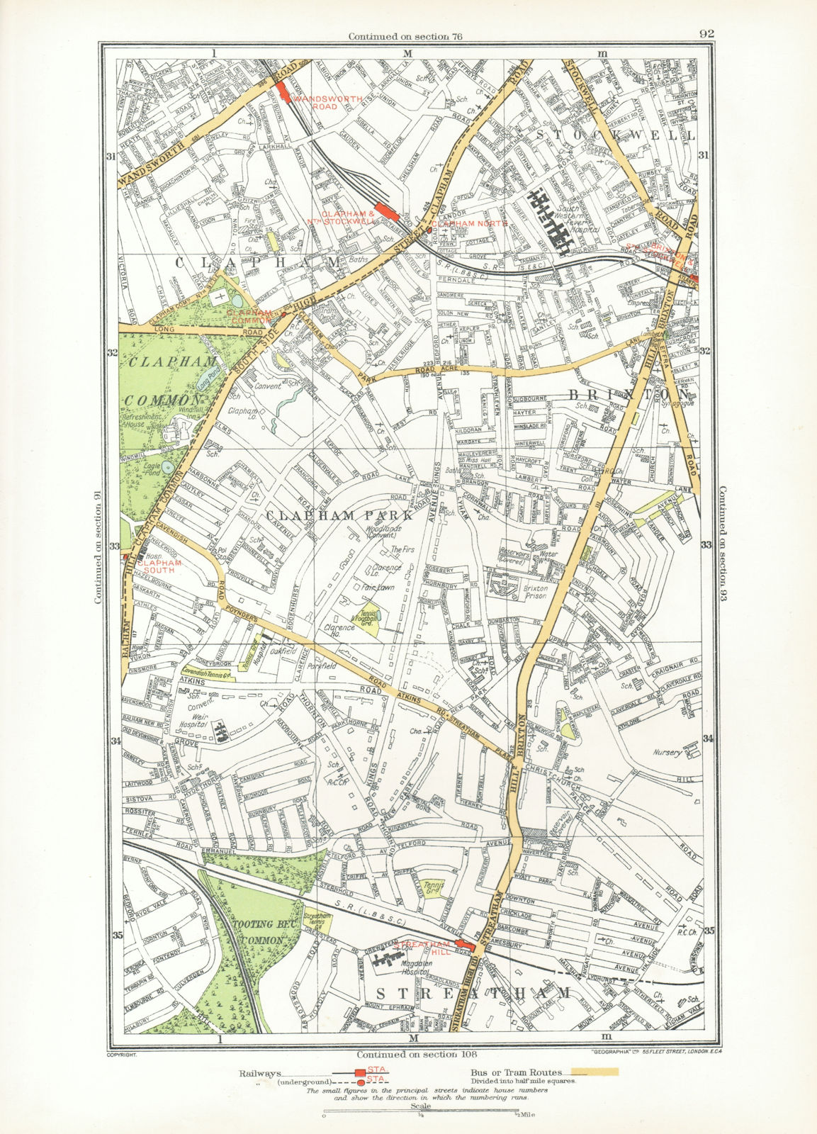 LONDON. Brixton Clapham Clapham Park Stockwell Wandsworth Road 1933 old map