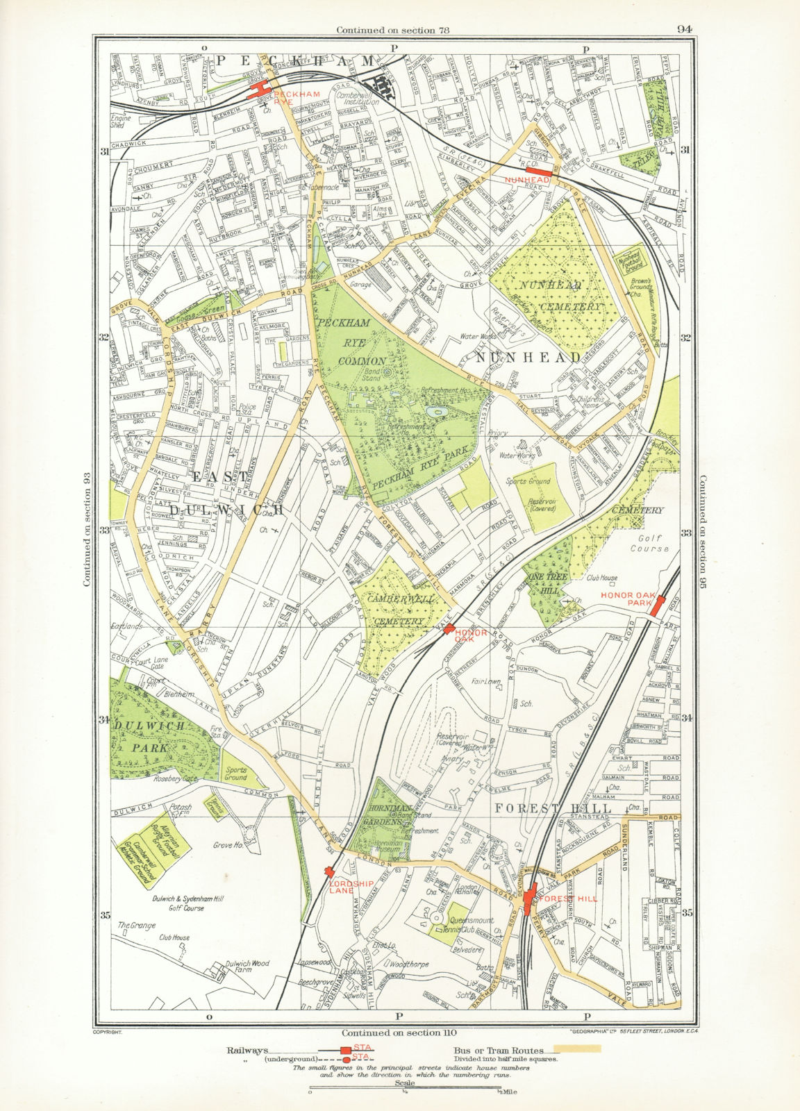 LONDON. East Dulwich Forest Hill Nunhead Peckham Rye Honor Oak 1933 old map