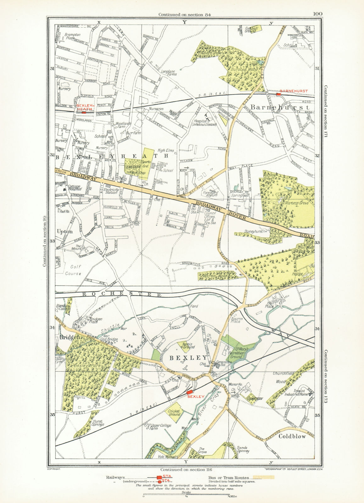 LONDON. Bexley Bexleyheath Bridgen Coldblow Upton Barnehurst 1933 map