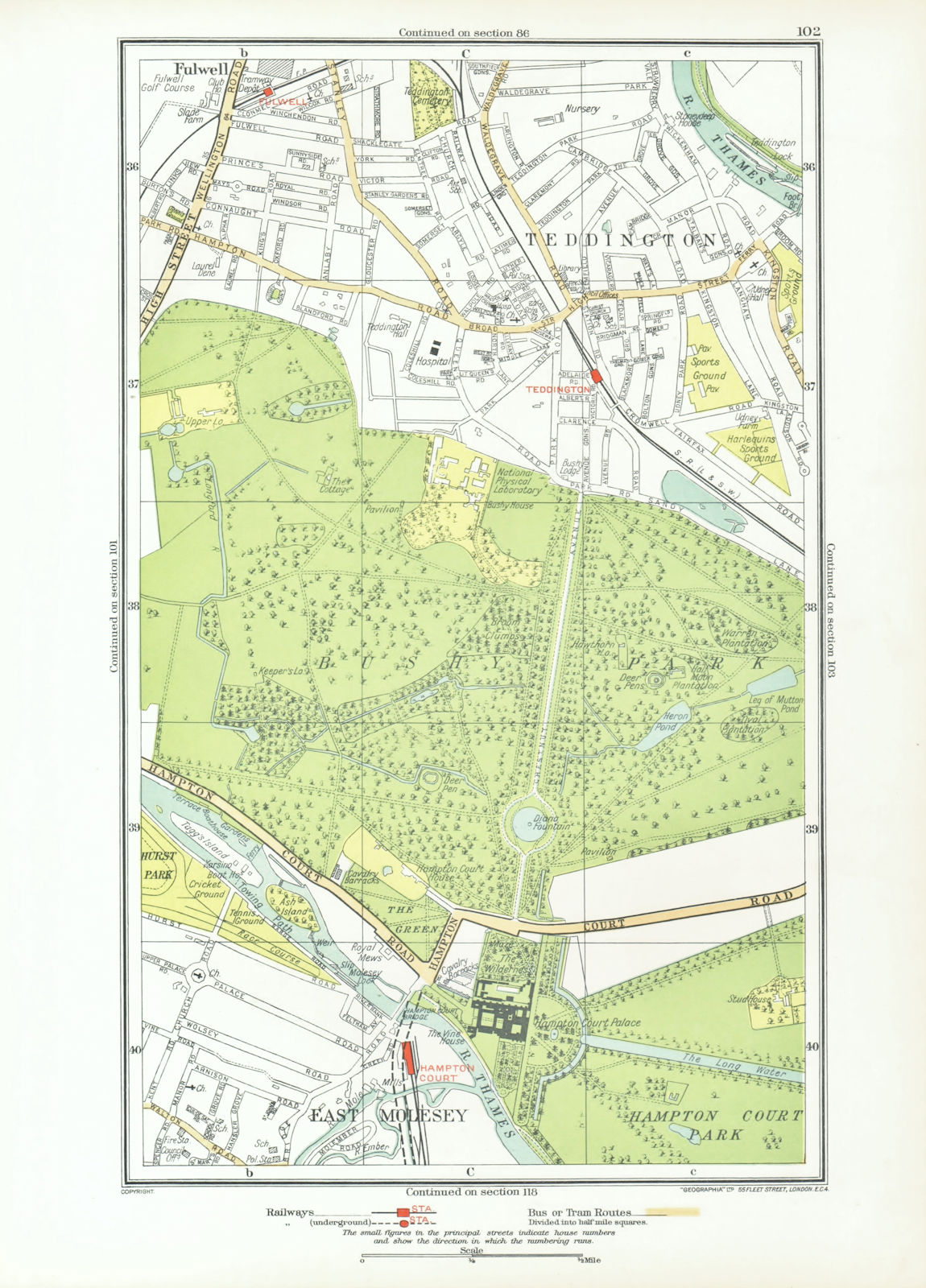 SURREY. East Molesey Teddington Fulwell Hampton Court Bushy Park 1933 old map