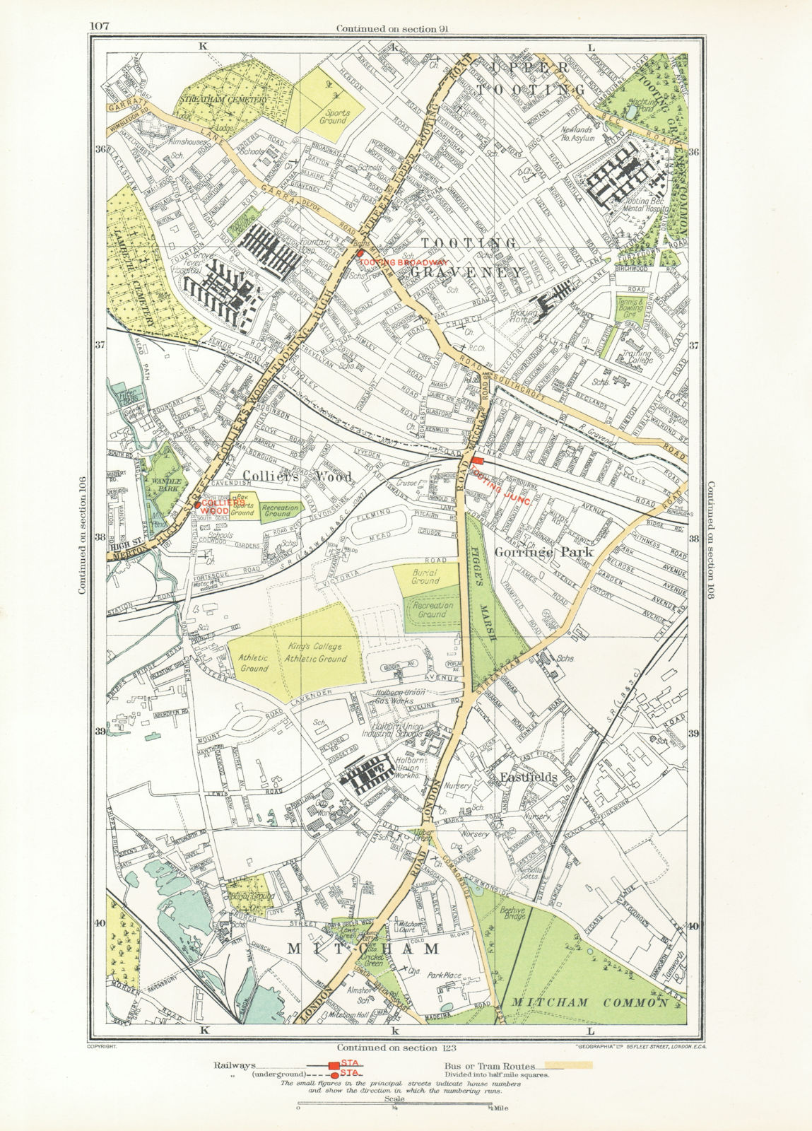 MITCHAM. Collier's Wood Tooting Graveney Furzedown Eastfields 1933 old map