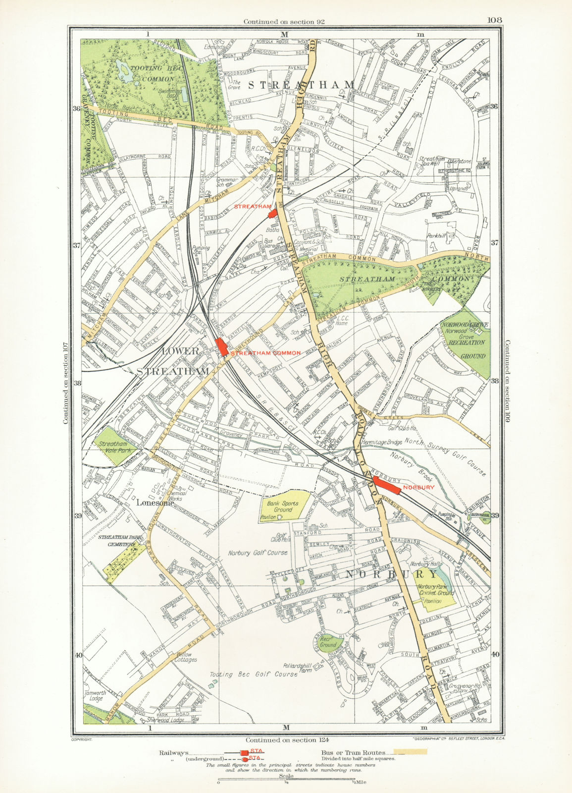 LONDON. Lonesome Lower Streatham Norbury Streatham Common Tooting Bec 1933 map