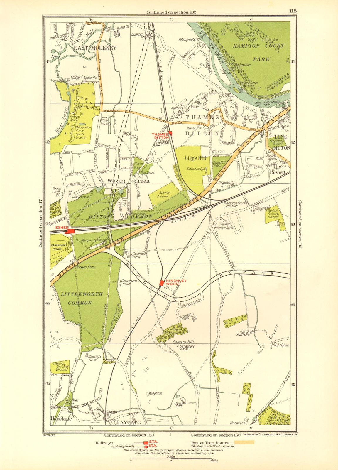 THAMES DITTON / LONG DITTON. Esher East Molesey Claygate Harelane 1933 old map