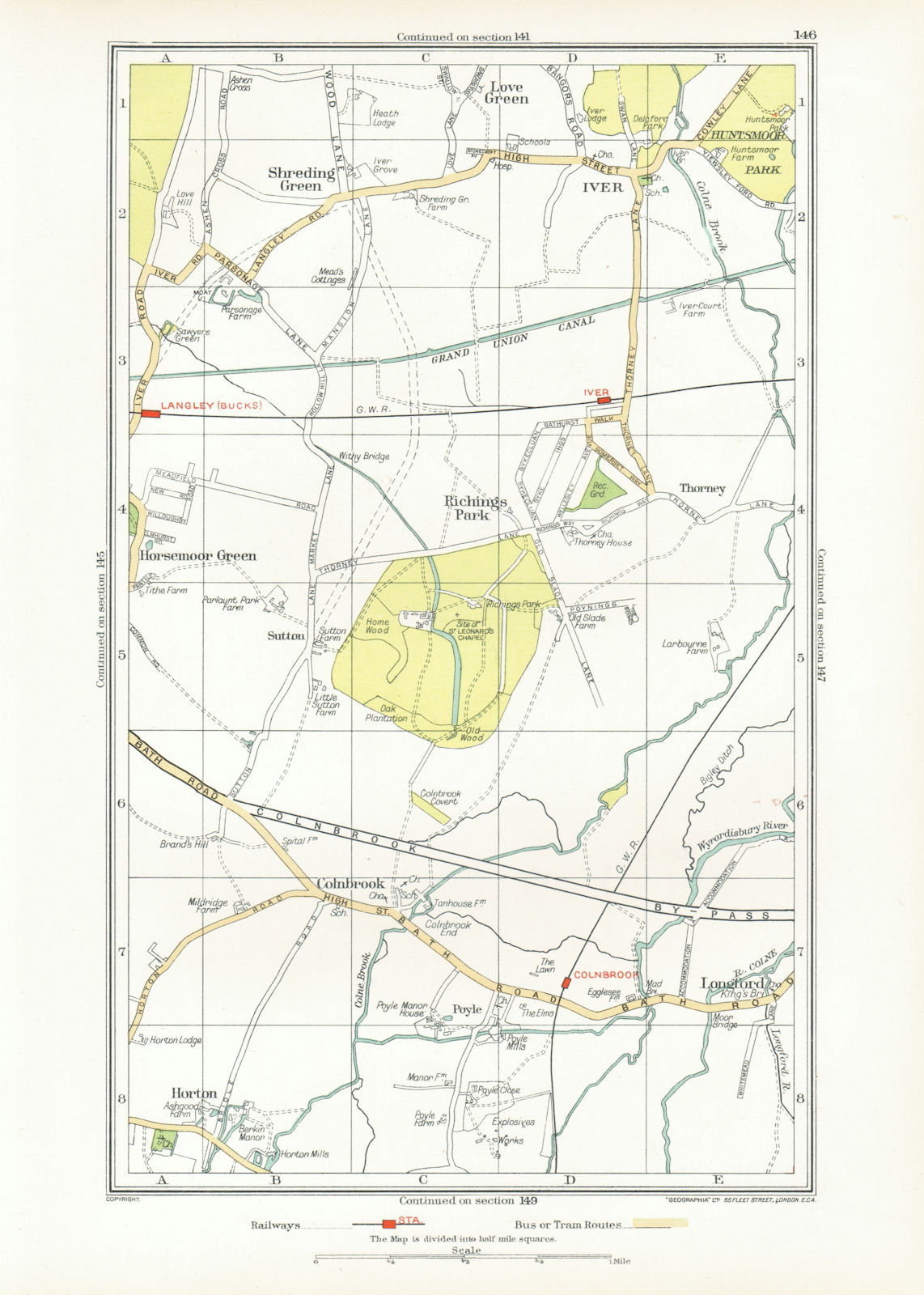 LANGLEY. Iver Colnbrook Richings Park Horton Poyle Shreding/Love Green 1933 map