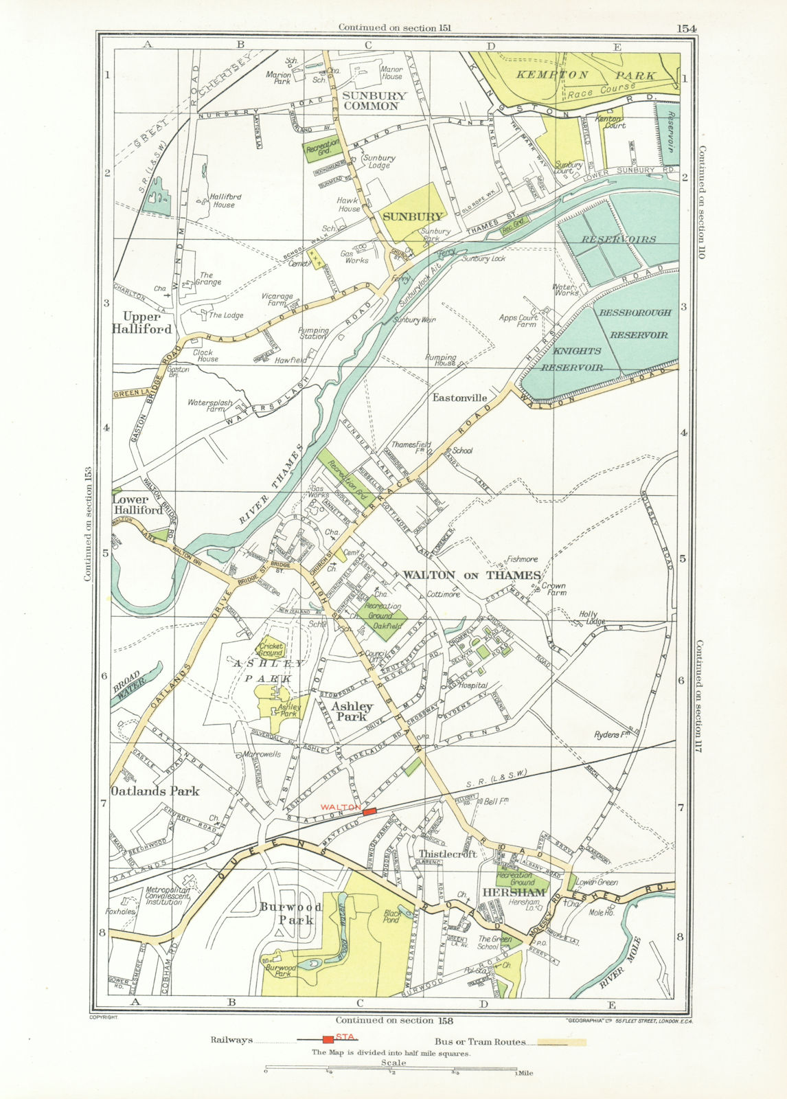 WALTON ON THAMES. Sunbury Hersham Upper Halliford Burwood Park 1933 old map