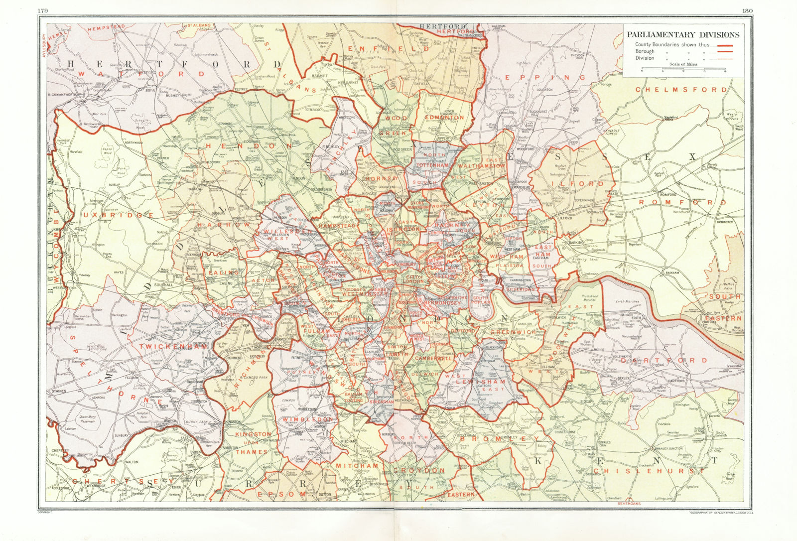 LONDON. Parliamentary Divisions Constituencies Seats Boroughs 1933 old map