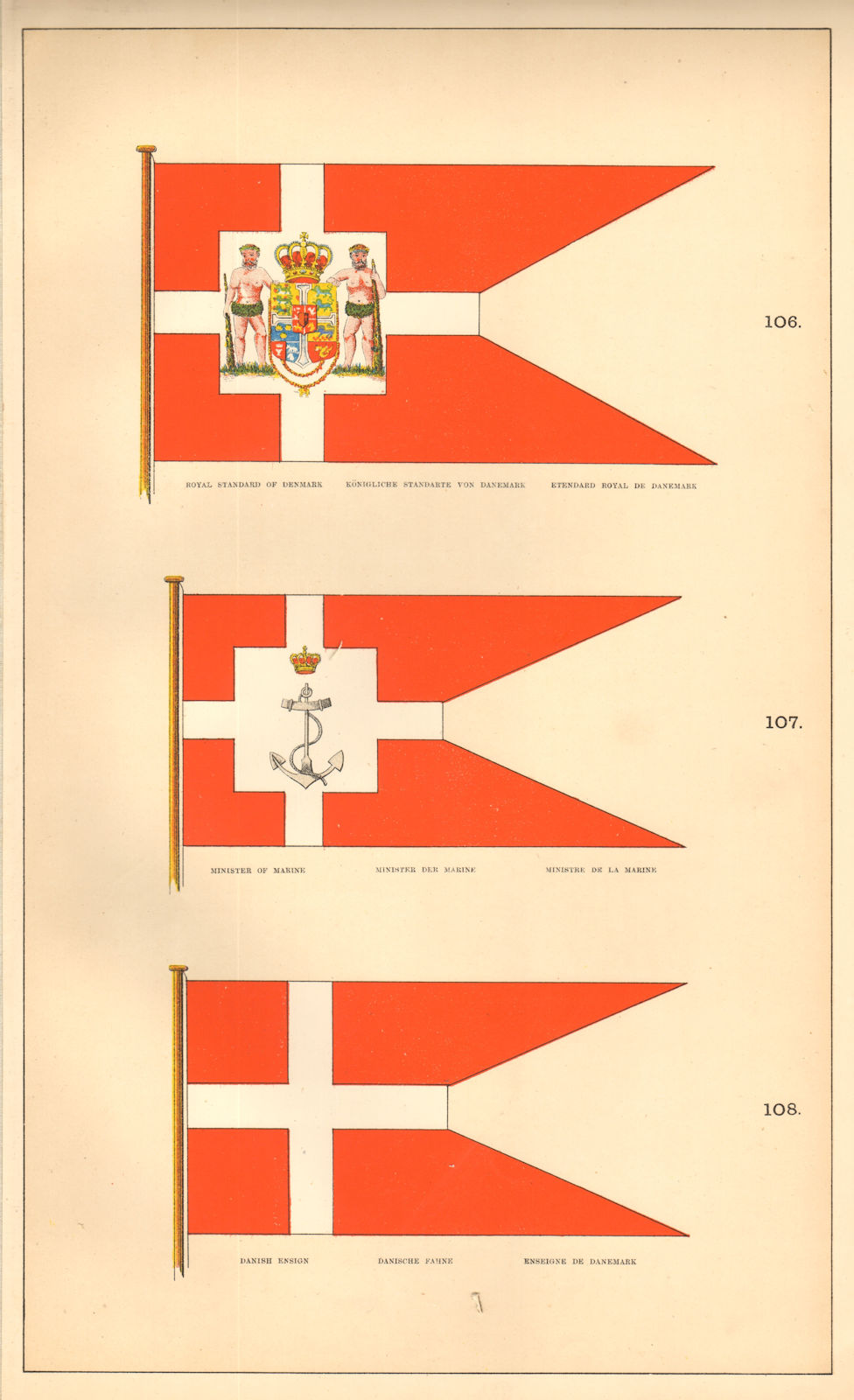DANISH MARITIME FLAGS. Denmark Royal Standard, Minister of Marine & Ensign 1873