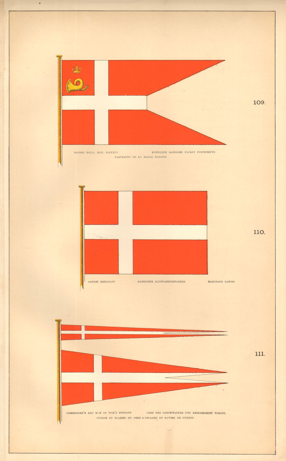 Associate Product DANISH MARITIME FLAGS. Royal Mail Packet.Merchant.Cdre/Man-of-War pennant 1873