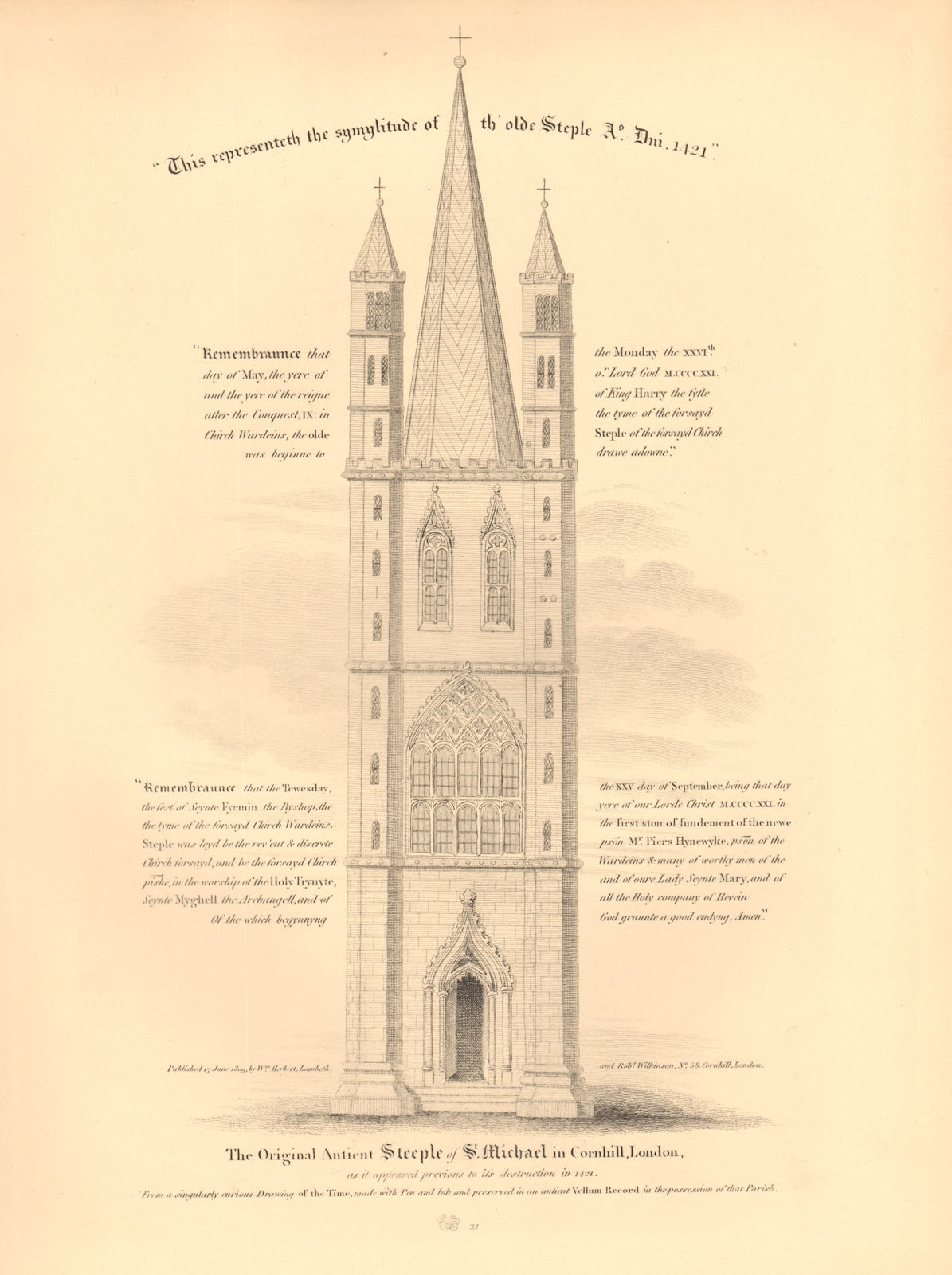 ST MICHAEL CORNHILL. The original ancient church steeple. London 1834 print