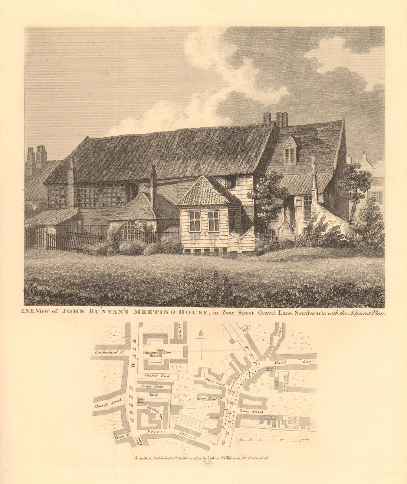 Associate Product JOHN BUNYAN'S MEETING HOUSE, Bankside. Zoar Street, Park Street 1834 old map