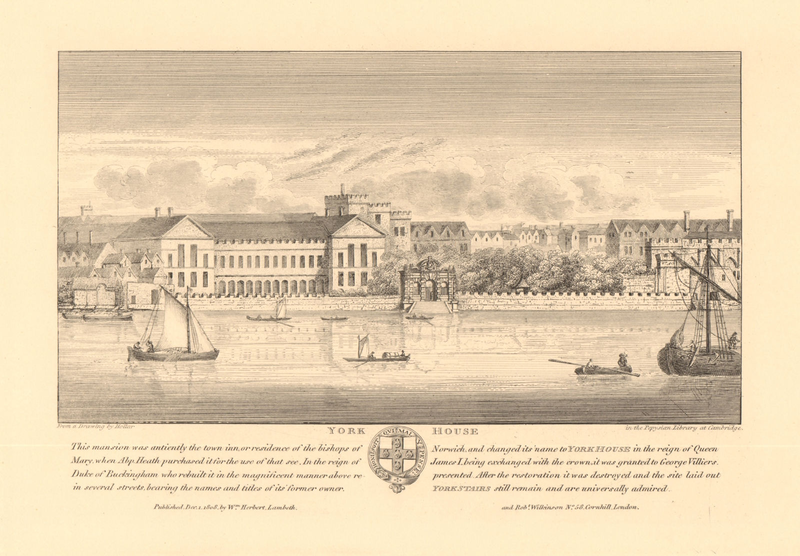 YORK HOUSE, Strand & view of the Thames & watergate. London. After HOLLAR 1834