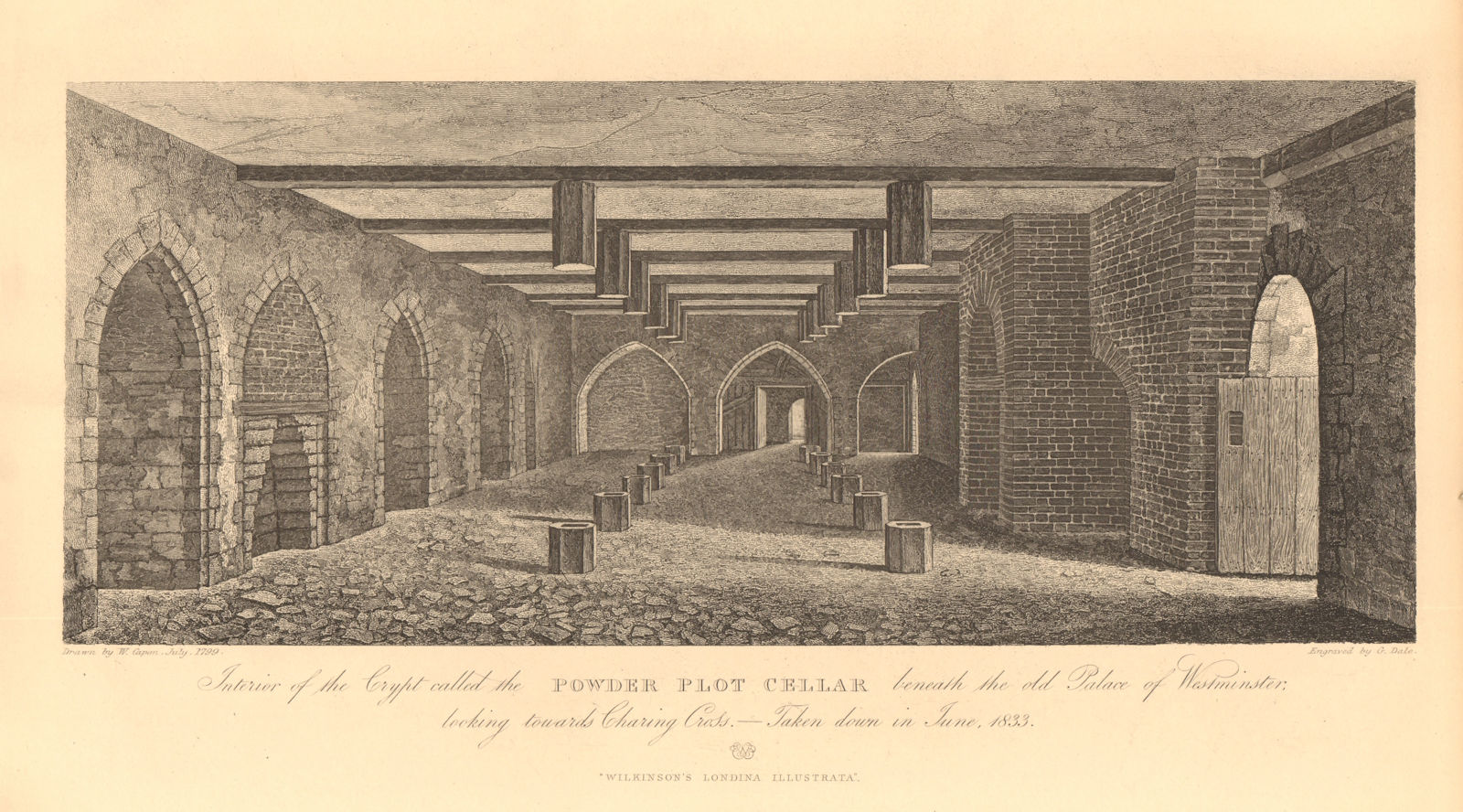 PALACE OF WESTMINSTER. Crypt or Gunpowder Plot Cellar. Parliament. London 1834