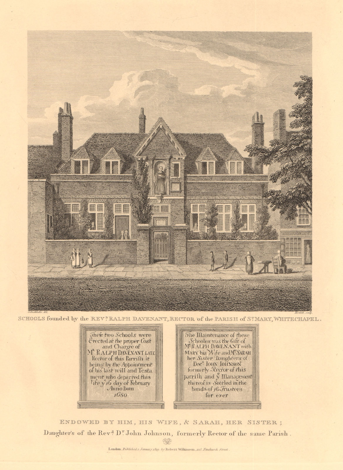 Associate Product DAVENANT FOUNDATION SCHOOL original Whitechapel site. Now Loughton, Essex 1834