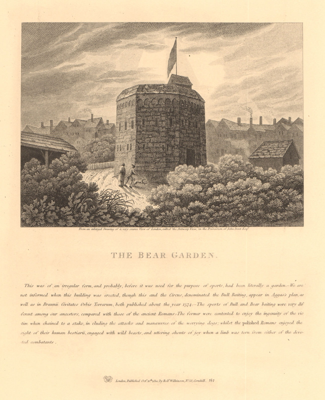 Associate Product BANKSIDE. The Bear Garden c1574. Bear-baiting. Elizabethan London 1834 print