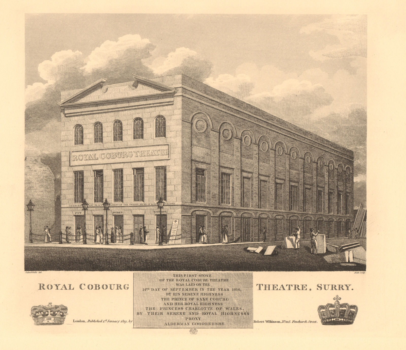 OLD VIC THEATRE. Exterior. 'Royal Coburg Theatre'. Lambeth, London 1834 print