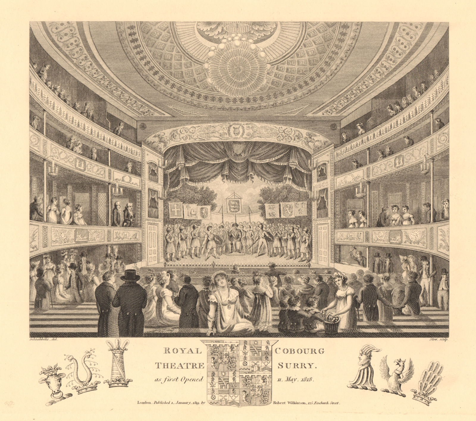OLD VIC THEATRE. Interior. 'Royal Coburg Theatre'. Lambeth, London 1834 print