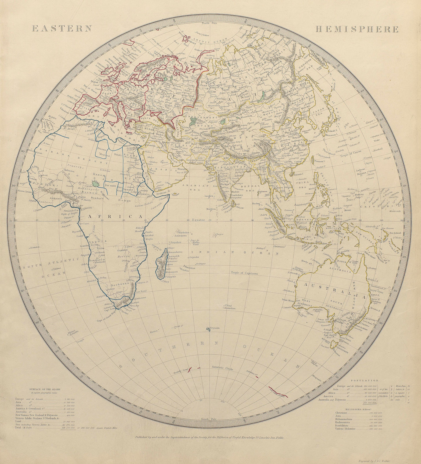 EASTERN HEMISPHERE Europe Africa.Mountains of Kong.Asia Australia.SDUK 1844 map