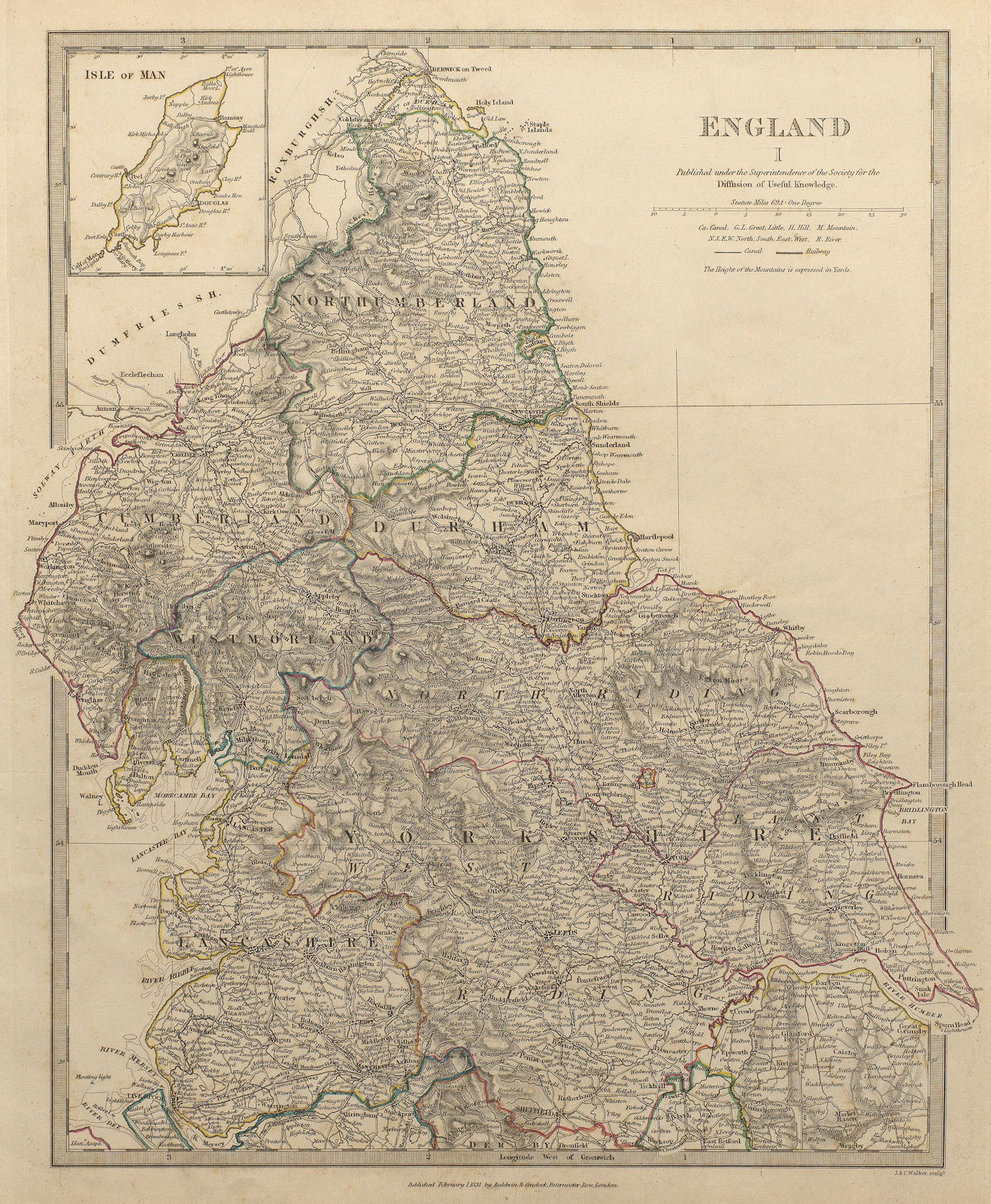 ENGLAND NORTH.Yorkshire Cumbs Lancs Durham Northumbs;Isle of Man.SDUK 1844 map