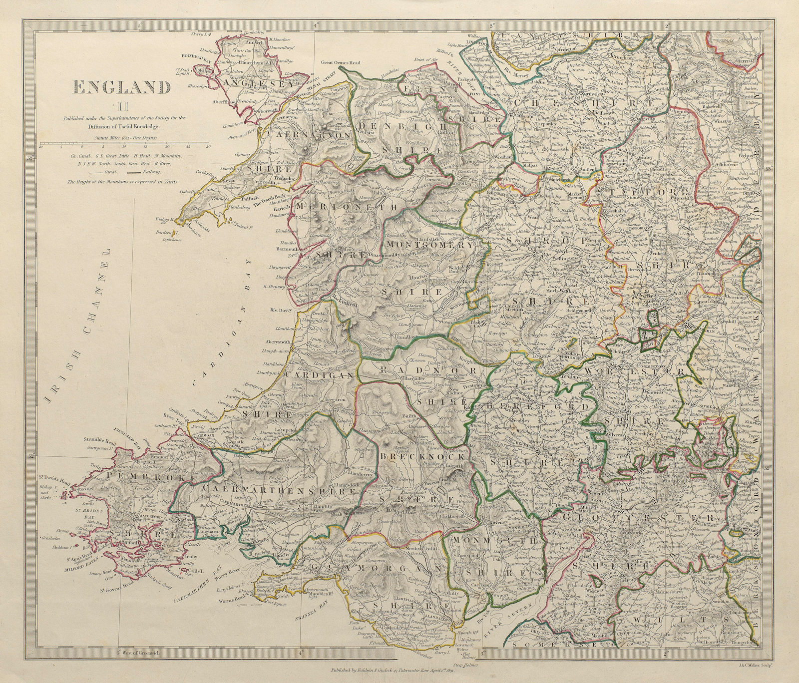 WALES & ENGLAND WEST MIDLANDS. Showing counties. Original colour.SDUK 1844 map