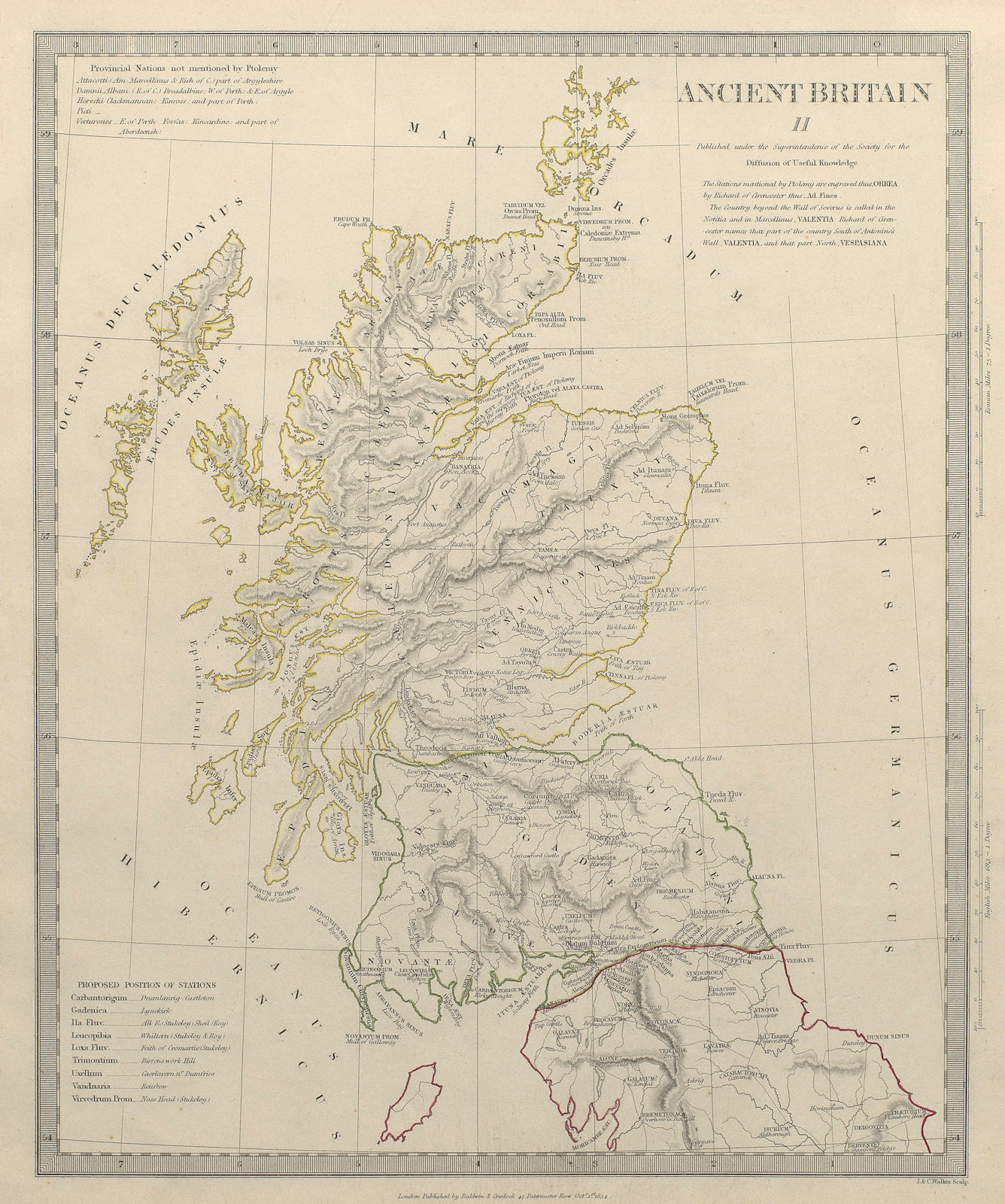 ANCIENT BRITAIN.Caledonia-Scotland.Roman road town names.Ptolemy.SDUK 1844 map