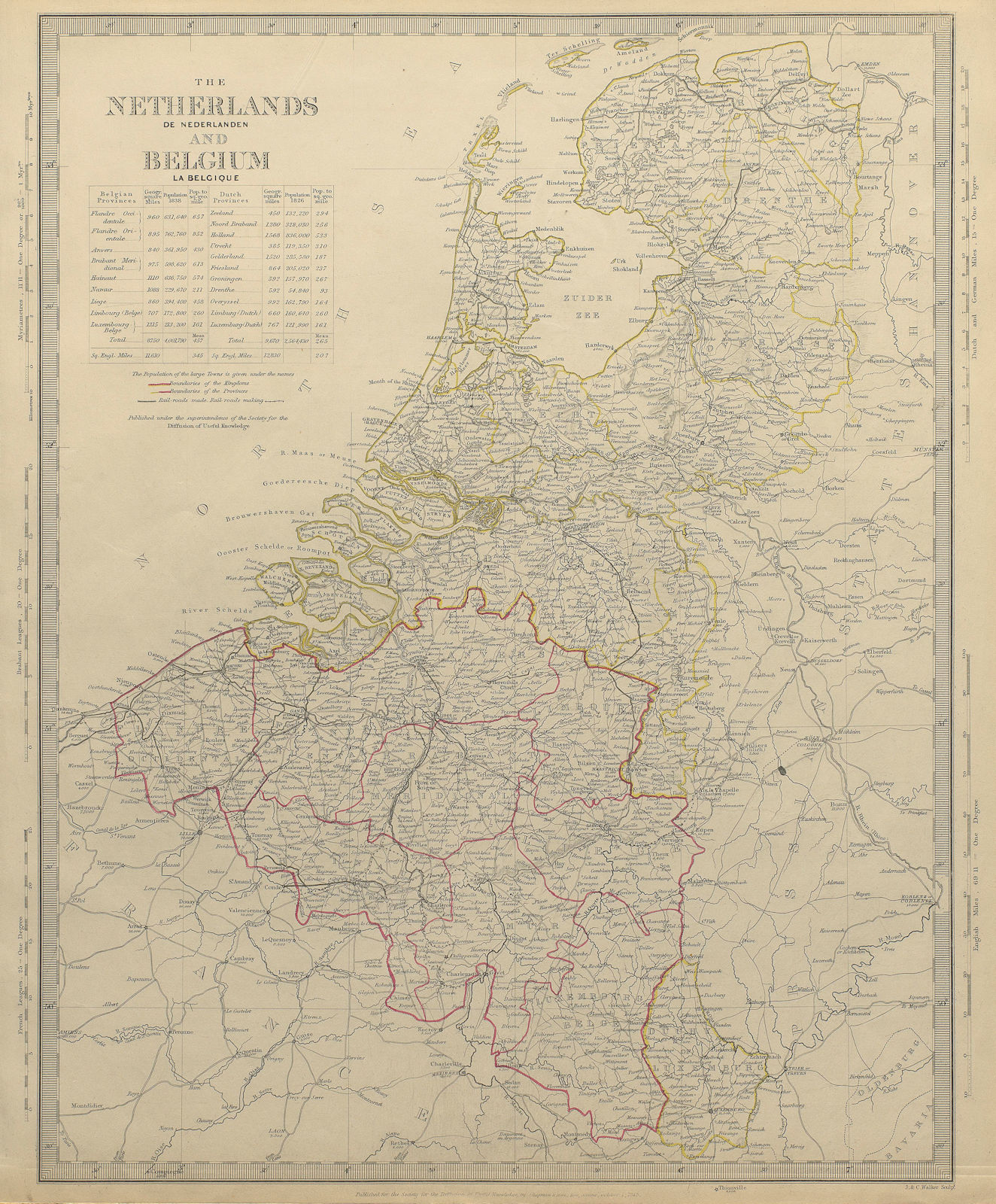 NETHERLANDS & BELGIUM w/ railways in use & under construction. SDUK 1844 map