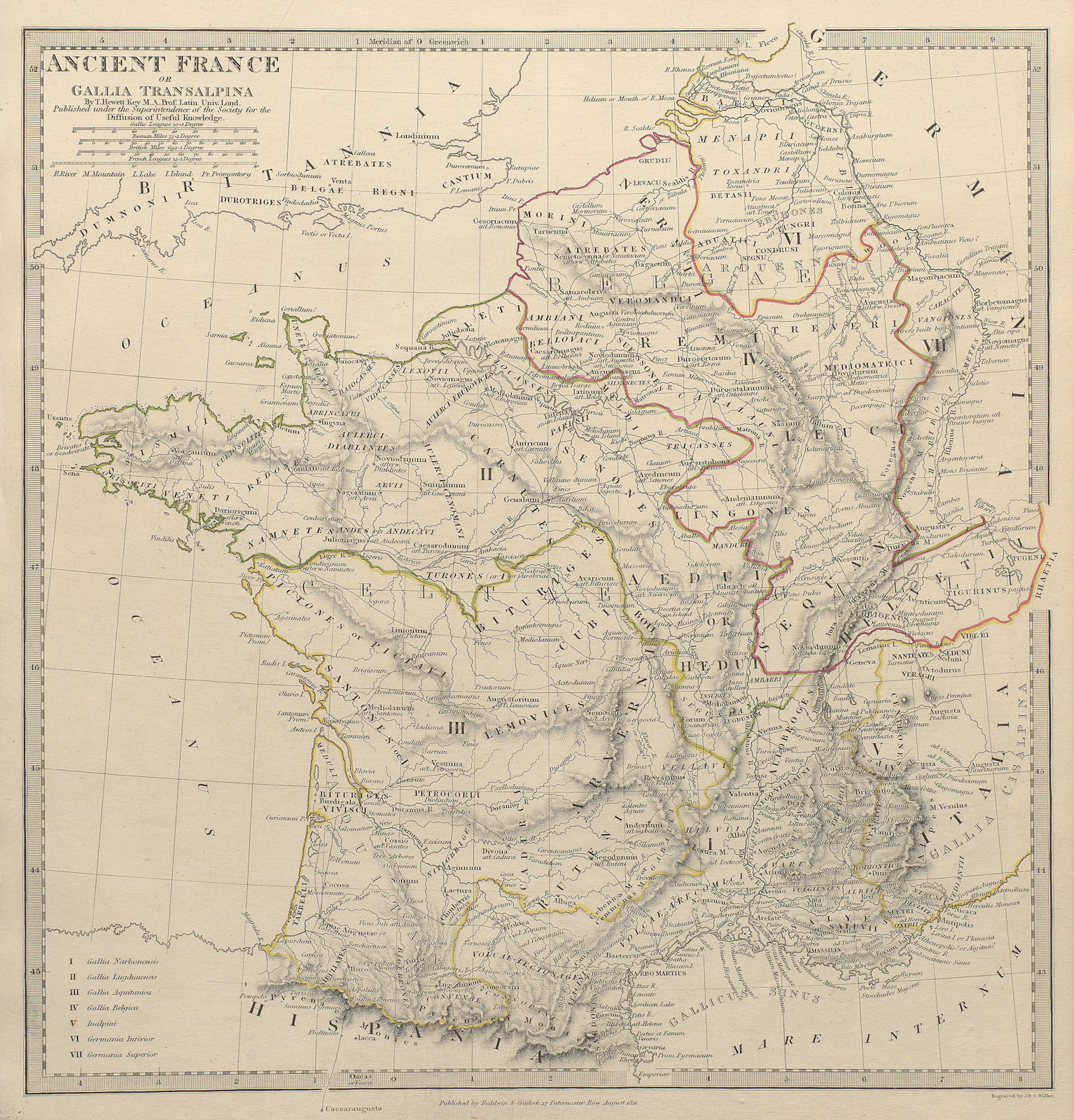 ANCIENT ROMAN FRANCE GAUL. Gallia Transalpina. Roman names roads.SDUK 1844 map