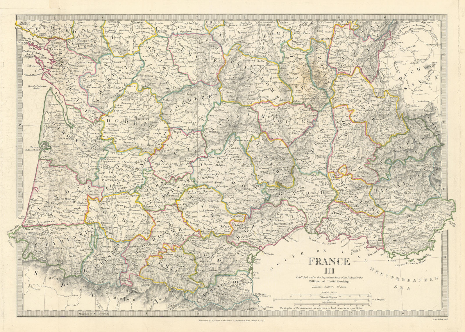 Associate Product FRANCE STH.Aquitaine Pyrénées Provence Languedoc Rhône Auvergne.SDUK 1844 map