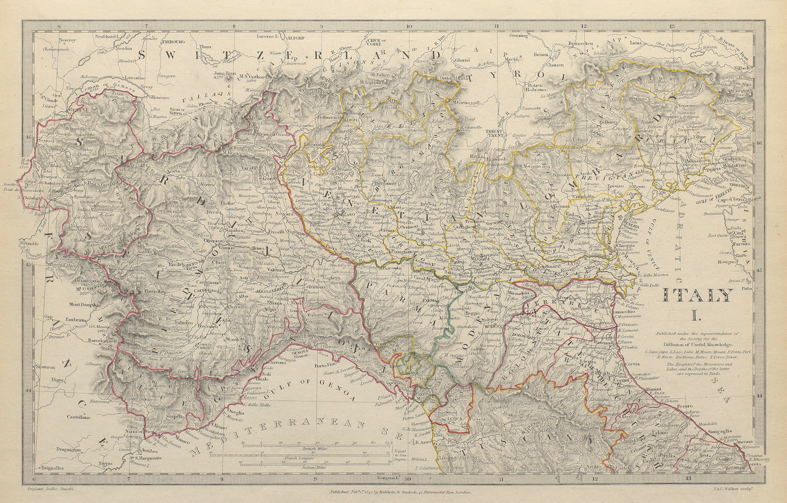 ITALY.Sardinian States,Venetian Lombardy,Parma,Modena,Bolognese.SDUK 1844 map