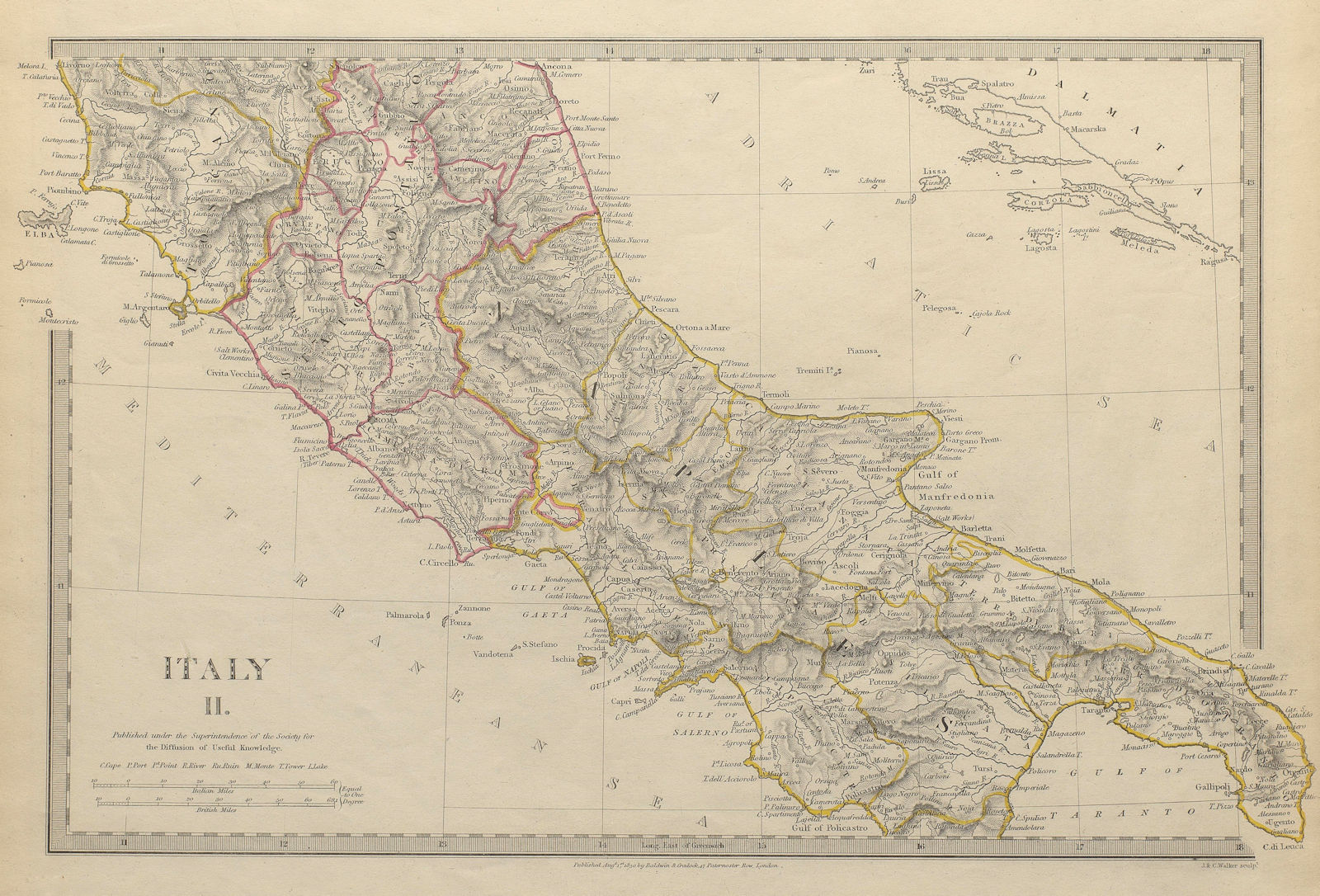 ITALY SOUTH.Naples Stato Pontifico Toscana.Original  hand colour.SDUK 1844 map