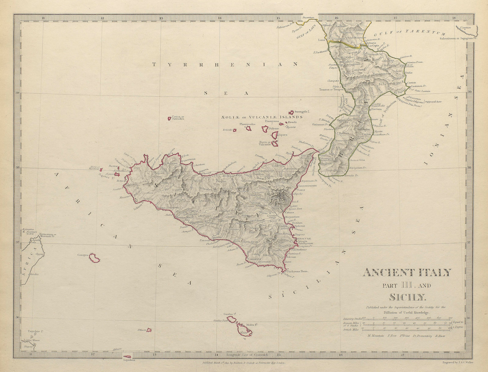 ANCIENT ITALY SOUTH.Sicily Brutii Melita (Malta).Original colour.SDUK 1844 map