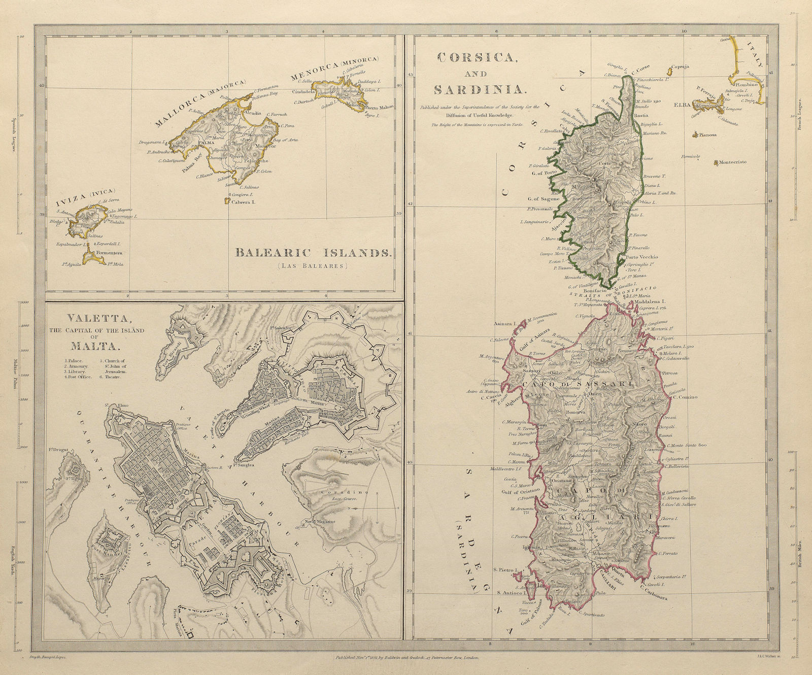 Associate Product MEDITERRANEAN.Corsica Sardinia;Balearics Baleares;Valletta,Malta.SDUK 1844 map
