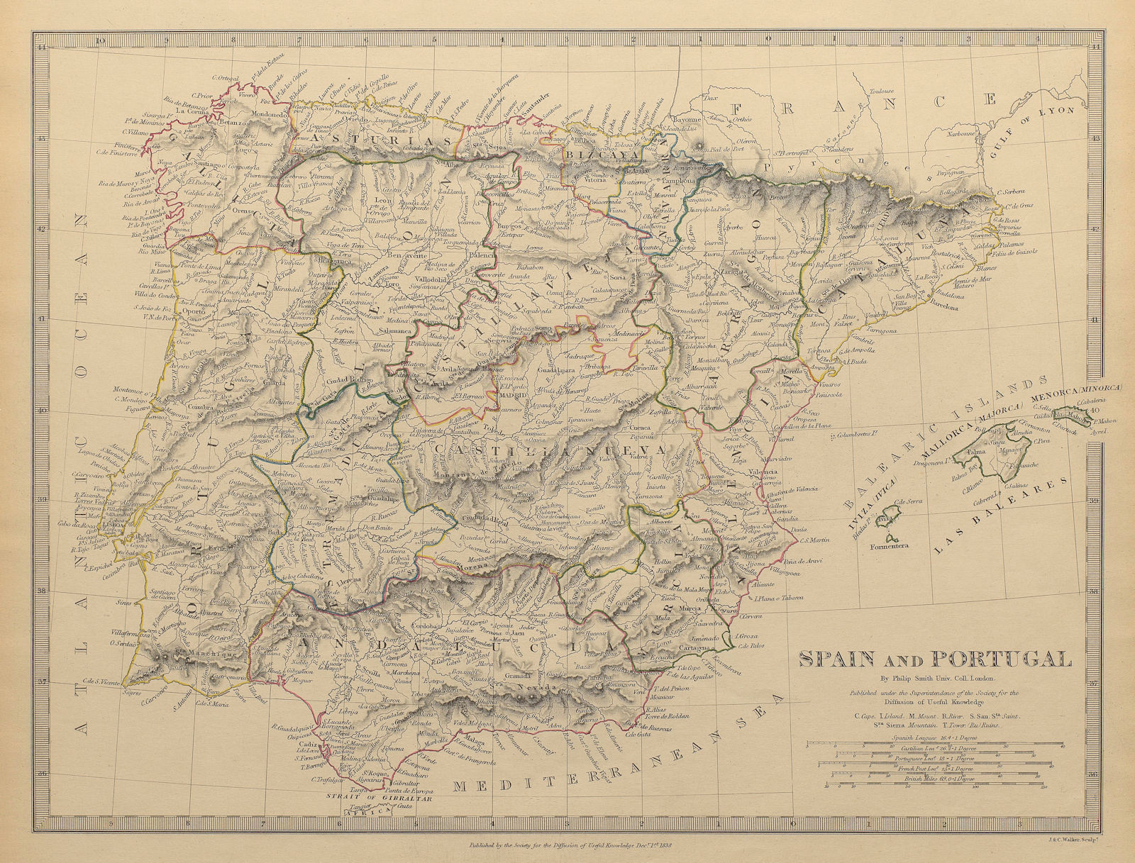 IBERIA. Spain and Portugal showing provinces. SDUK 1844 old antique map chart