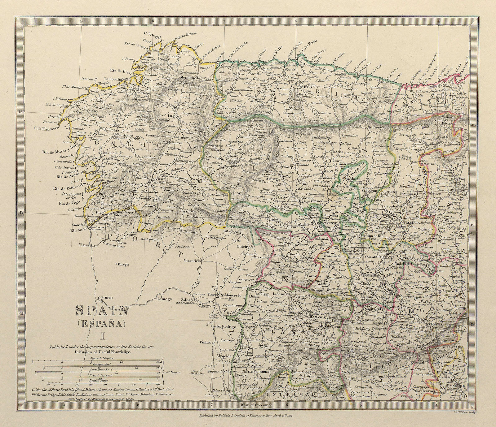 SPAIN NW. Galicia Leon Asturias Zamora Palencia Toro Salamanca. SDUK 1844 map