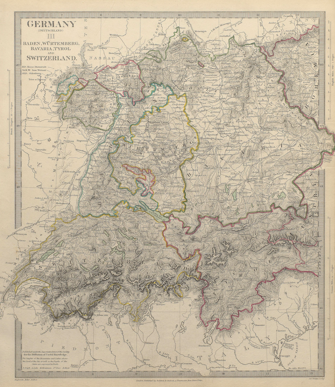 GERMANY SWITZERLAND AUSTRIA. Baden, Württemberg, Bavaria, Tyrol. SDUK 1844 map