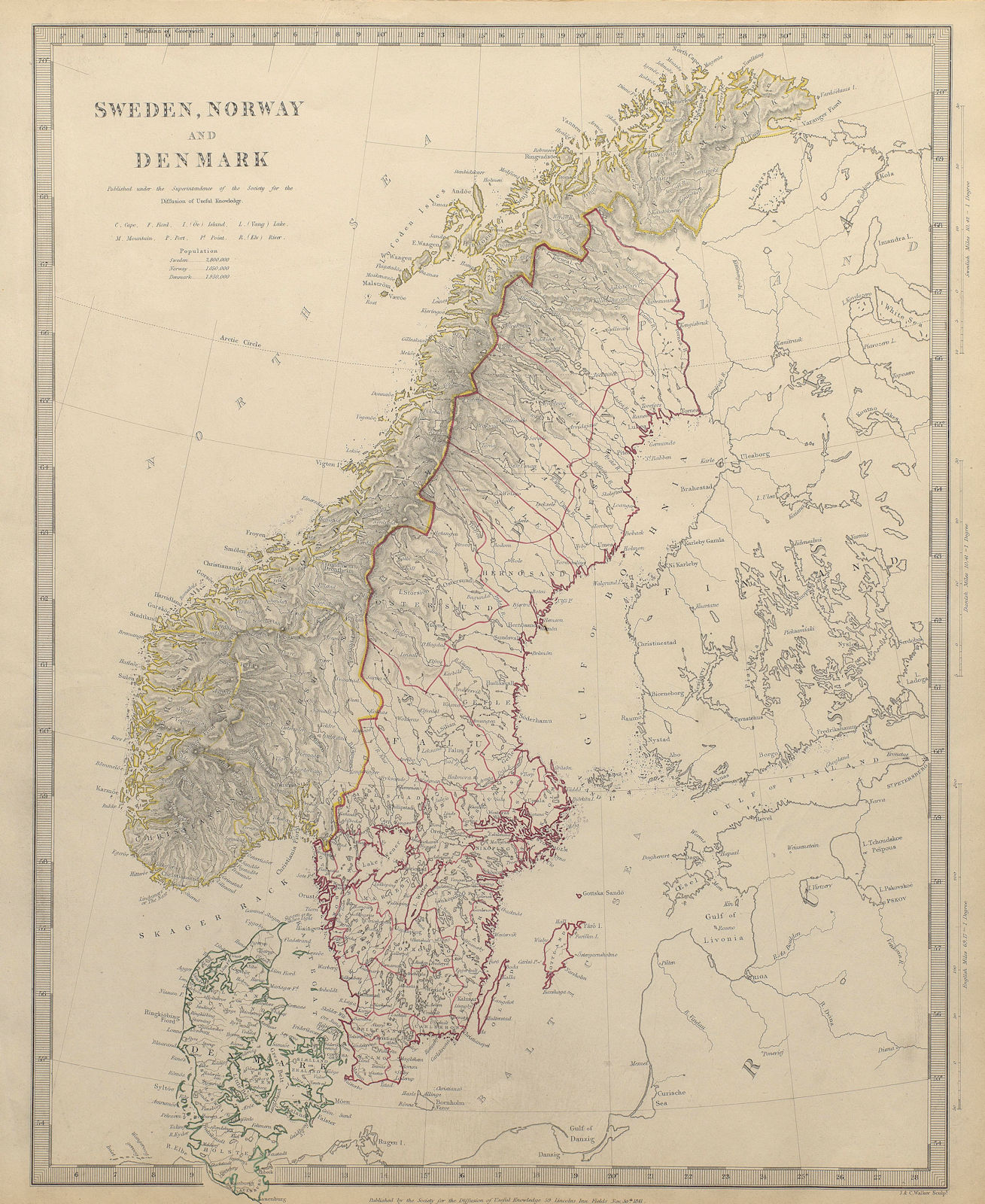 Associate Product SCANDINAVIA. Sweden, Norway, and Denmark. Population table. SDUK 1844 old map